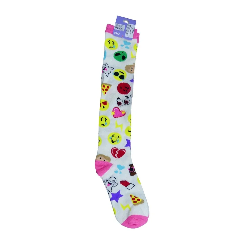 Claire's Knee High Socks Girls 9-11 White New Emoji Print Pink Trim Acrylic